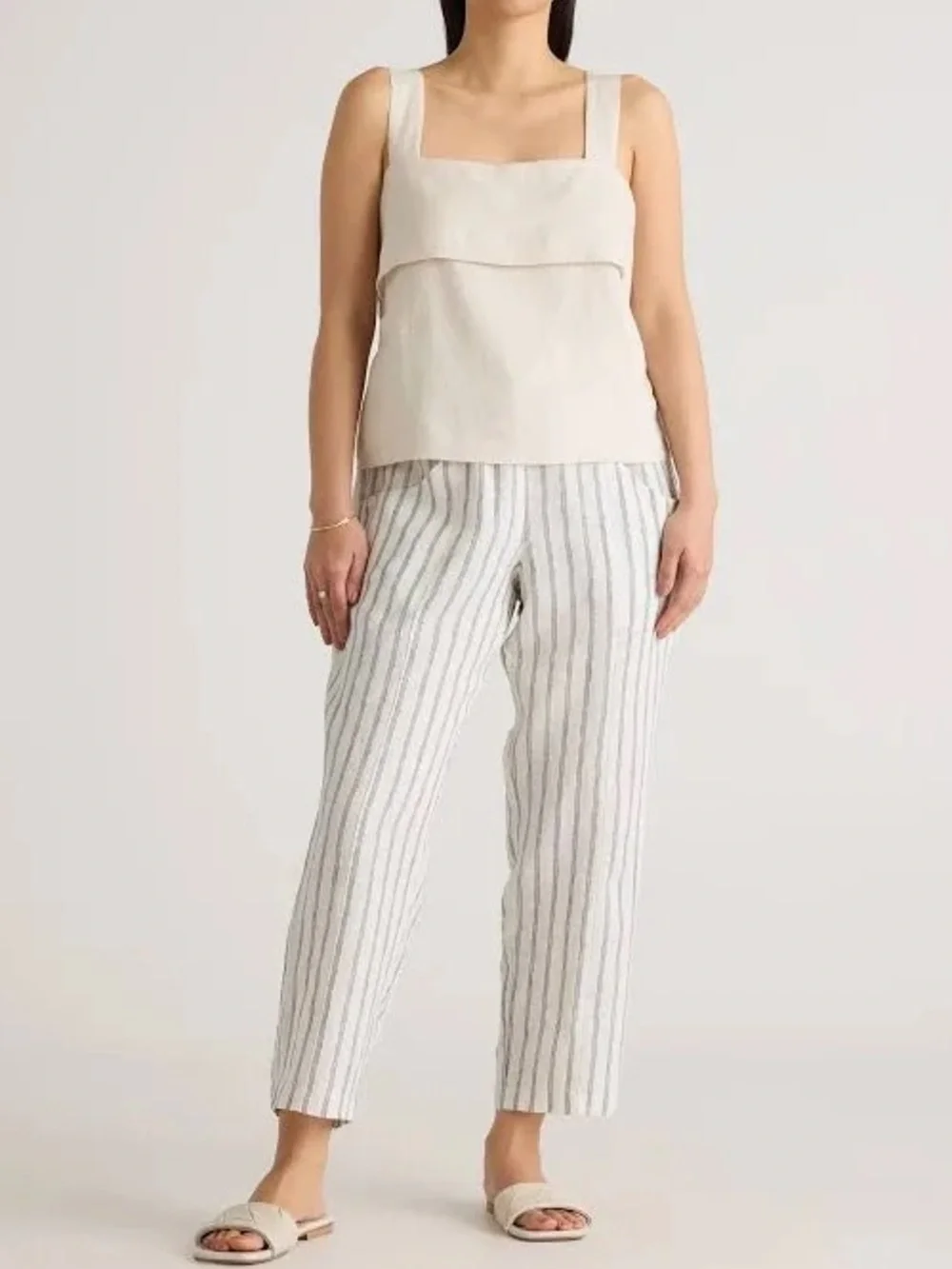 NWT Quince European Linen Tapered Ankle Pants in Oatmeal/Black Pinstripe Size: S